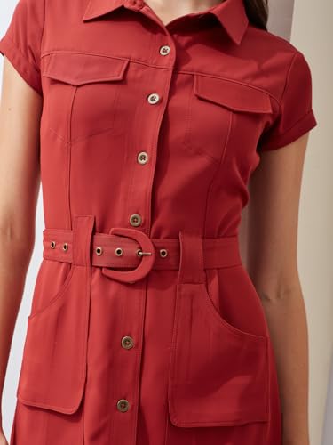 Latin Quarters Women's Rust Short Sleeves Collared Solid Casual Mini Dress_M