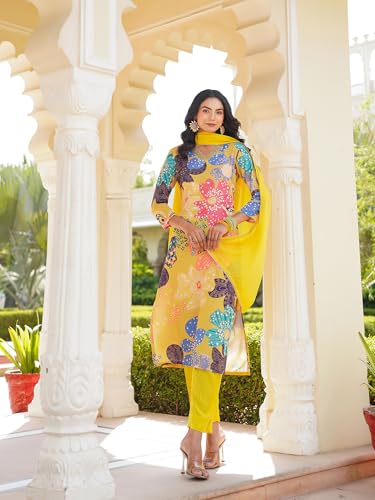 Vaamsi Women's Cotton Blend Floral Straight Printed Kurta Pant With Dupatta (PKSKD2492_M_Yellow)