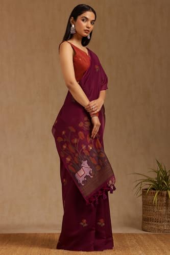 Soch Womens Magenta Chanderi Pichwai Print Saree