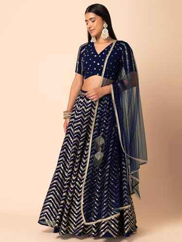 Zeel Clothing Women's Sequins Zari Embroidered Georgette Designer Lehenga Choli with Dupatta (7094-Blue-Womens-Lehenga-Choli-Latest; Free Size) (Blue)