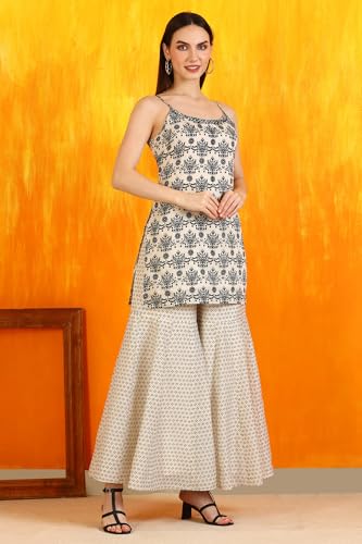 W for Woman Off-White Embroidered Spaghetti Short Kurta and Sharara Set with Dupatta (Size: XL)-WS12717-125705