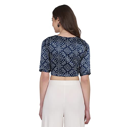 THE WEAVE TRAVELLER Navy Blue Printed Non Padded Women Mashru Saree Blouse