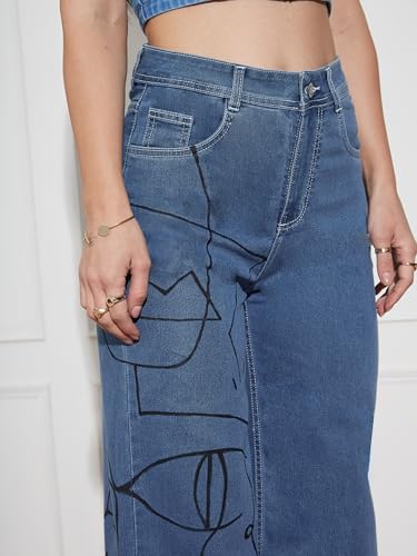 Miss Chase Women's Wide Leg High Rise Hand Painted Stretchable Denim Jeans (MCSS18DEN02-19-391-28, Hazy Blue, 28)