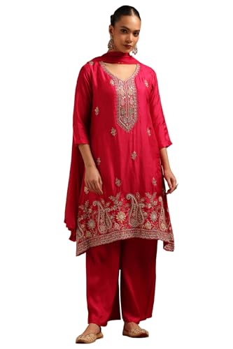 Soch Womens Fuchsia Roman Silk Ethnic Motifs Salwar Suit With Cutdana