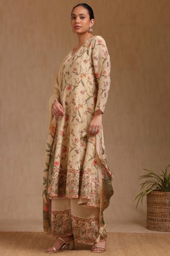 Soch Womens Beige Tissue Floral Print Suit Set With Cutdana