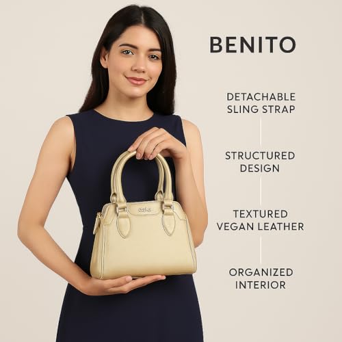 eske Benito Vegan Leather Handbag, Dual Compartment, Magnetic Snap Closure, Textured Saffiano Finish (Gold)