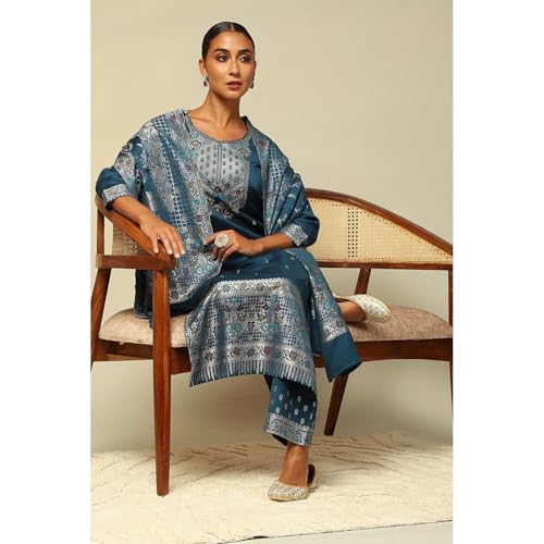 Rangriti Women's Acrylic Kurta Set (WNTRWR19647AW24PTRLBLU_Petrol Blue