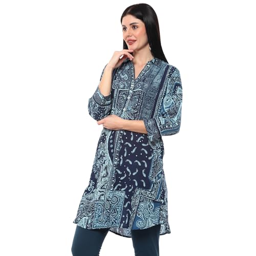 BIBA Women Viscose Straight Fit Printed Kurta Mix and Match(Jamawar20170_Navy_32)