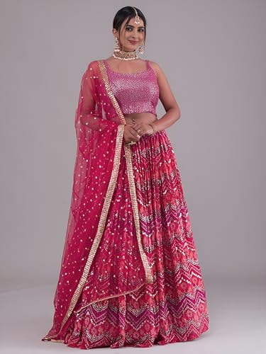 Zeel Clothing Women's Digital Print with Thread, Sequins Embroidered Work Georgette Lehenga Choli With Dupatta (5092-Pink-Women-Lehenga-Choli-Latest; Free size) (Pink)