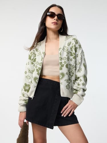 The Souled Store Fairytale Women and Girls Long Sleeves Round Neck Printed Knitted Acrylic Zippered Front Drop Shoulder Streetwear Trendy Oversized Sweater