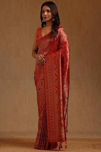 Soch Womens Red Tussar Woven Designs Saree With Zari