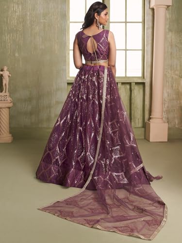 Zeel Clothing Women's Net Semi-Stitched Thread Sequins Work Embroideredry Soft Lehenga Choli with Dupatta (NFH-2206-Wine--Lehenga-Choli-Latest; Free Size)