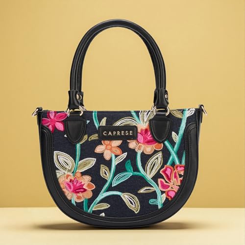 Caprese Elsa Medium Satchel Bag for Women with Adjustable & Detachable Strap | Elegant Embroidery Faux Leather Handbag | Multi-Compartment Crossbody Shoulder Bag for Special Occasions (Black)