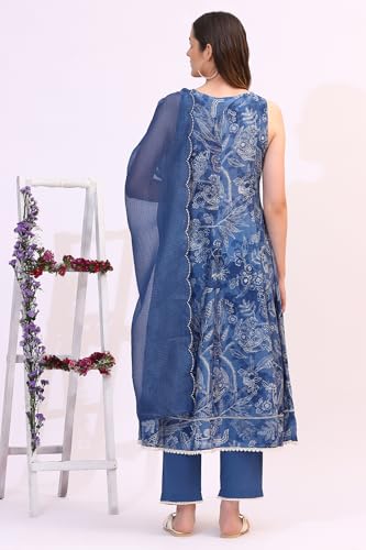 W for Woman Ink Blue Floral Printed Sleeveless Pure Cotton Anarkali Kurta, Pants and Dupatta Set (Size:3XL)-WS11579