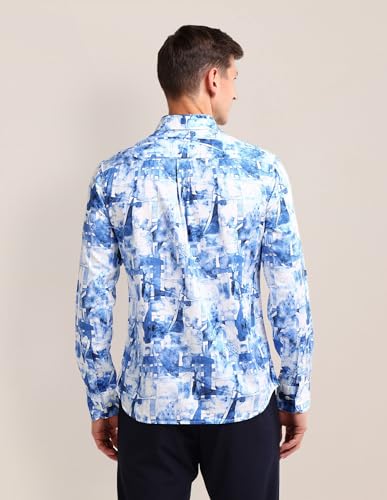 U.S.POLO ASSN. Mens Blue All Over Print Collared Neck Long Sleeve Casual Cotton Regular Fit Shirts (USSHTFX0554_Blue_L)