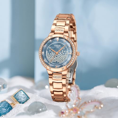 NIBOSI Watches for Woman Analog Quartz Rose Gold Stainless Steel Band Fashion Luxury Ladies Wrist Watch Diamond Stylish Elegant Watches Waterproof