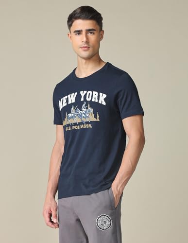 U.S. POLO ASSN. Denim Co. Men's Pure Cotton Graphic Printed T-Shirt (UDTSHOE0151_Blue_L)