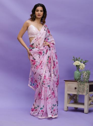 Panzora Women's Chinon Digital Printed Saree With Unstithced Blouse Piece