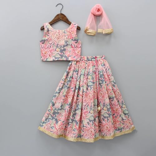 Leons Fab Girls Ethnic Wear Rayon Flower Printed Readymade Lehenga Choli Set (Peach, 13-14 Years)