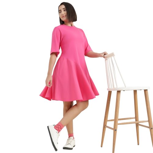 United Colors of Benetton Round Neck Solid Dress (Size : 2XL) - 26P3099W3823I02A Pink