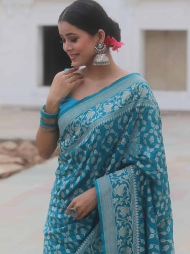 SGF11 Women's Kanjivaram Soft Silk Handloom Saree Golden Zari With Blouse Piece (Blue)