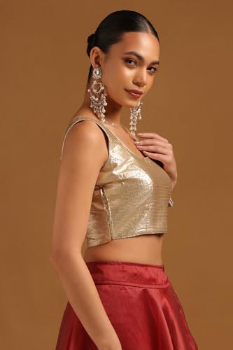 Soch Womens Gold Art Silk Sleeveless Blouse with Sequins