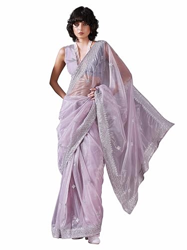 Womanista Women's Net Sequinned Saree (TI6563_Lavender)