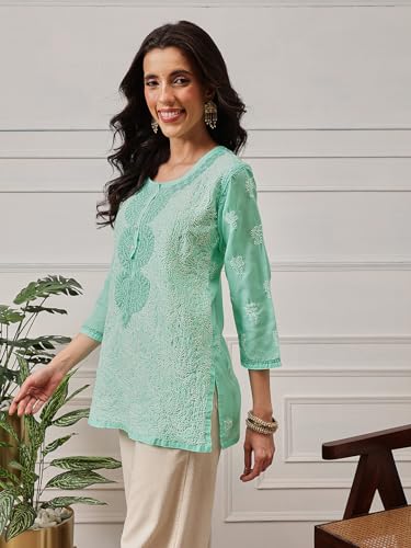 Ada Handcrafted Lucknow Chikankari Women's Straight Cotton Short Kurti Top Tunic A273668 (Sea Green, XS)