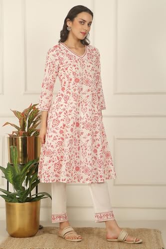 W for Woman White and Orange Floral Printed Pure Cotton Flared Kurta, Pants and Dupatta Set (Size: S)-WS12726-125580