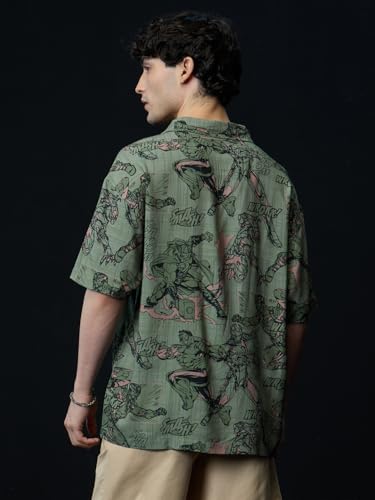 The Souled Store Avengers: Comics Men and Boys Short Sleeves Collared Neck Button Front Green All Over Printed Viscose Oversized Shirts