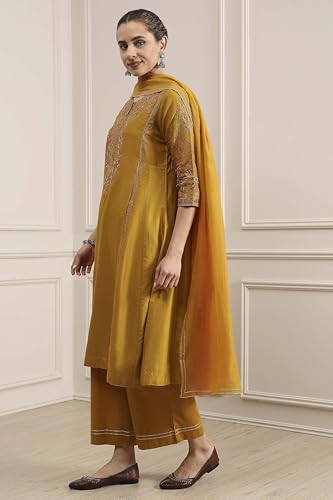 Biba Women Mustard Cotton Blend Kalidar Dyed Suit Set_34
