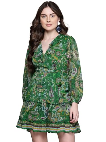 Label RITU KUMAR Green Alanna V Neck Short Dress with Belt