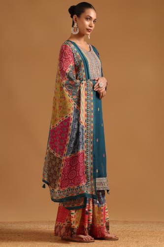 Soch Womens Teal Viscose Blend Ethnic Motifs Zari Embroidered Salwar Suit With Sequin