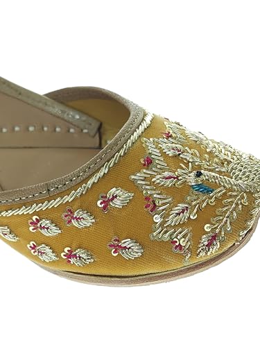 Fulkari Women's Mayur Velvet Skin Gold Toned Soft Leather Embroidered Jutis | Bite and Pinch Free Jutti | Punjabi Formal Juttis | Girl's Wedding Flat Ladies Mojari | Formal Ethnic Juti | 41