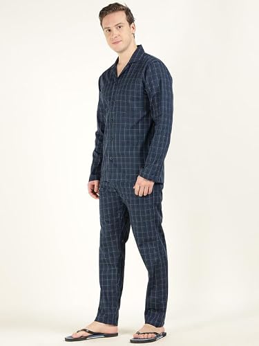 Hancock Men Cotton Checked Relaxed Fit Night Suit Navy Blue Size L
