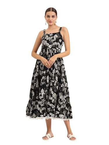 Divena Black Floral Print Pure Cotton Fit & Flare Dress