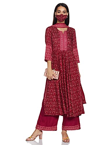 BIBA Women Printed Straight Salwar Kurta Dupatta(SKDPLEASED 7518_Meganta_32) Magenta