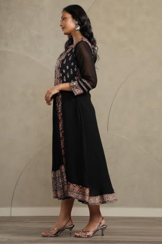 Soch Womens Black Georgette Botanical Printed Dress with Beads and Stones