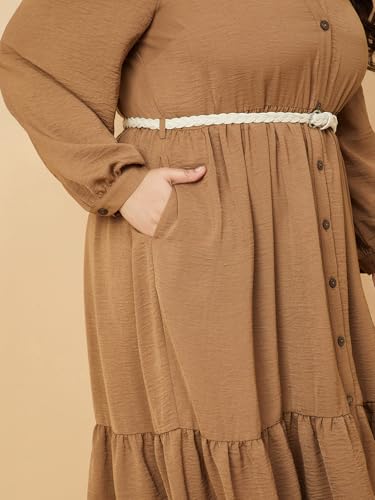 Max Women Textured A-line Tiered Shirt Dress with Belt (Beige_5XL)