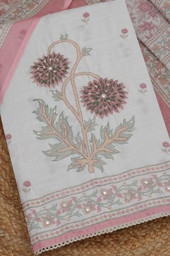 Soch Womens Off White Linen Blend Floral Print Unstitched Dress Material With Beads