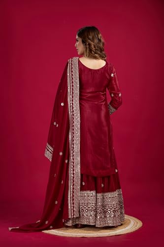 Brulry Women's Red Embroidered Chinnon Silk Kurta with Palazzo & With Dupatta