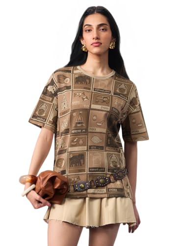 The Souled Store The Archives Women and Girls Short Sleeves Round Neck Beige All Over Printed Cotton Streetwear Lightweight Everyday Oversized T-Shirt