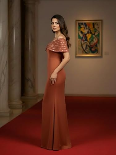 MARC LOUIS Elegant Off Shoulder Maxi Dress for Women Brown | breatheable material