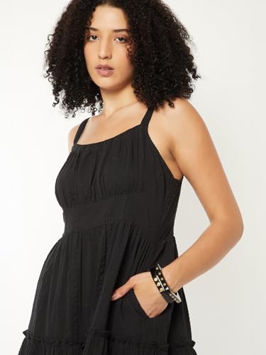 Max Women Seersucker Tiered Dress(Black_XS)