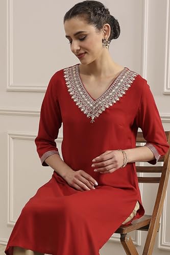 Biba Women Red Viscose Rayon Straight Solid Kurta_40