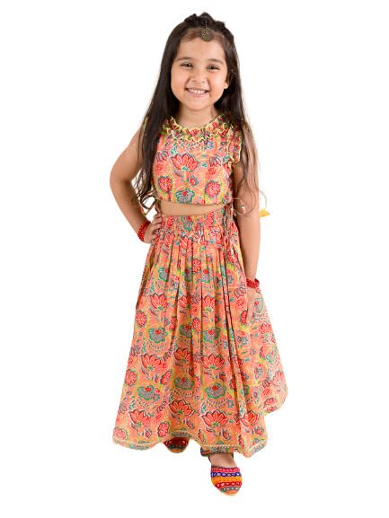 Pspeaches Girl's Coral Blue Printed Ready To Wear Cotton Readymade Lehenga Choli (Orange-8-10Y)
