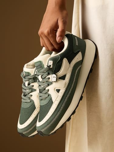 The Souled Store Milano: Olive Women and Girls Low Top Sneakers Olive and Off-White Retro Trainer Microfibre Suede and Engineered Mesh Cushioned Sole Chunky Retro Sneakers