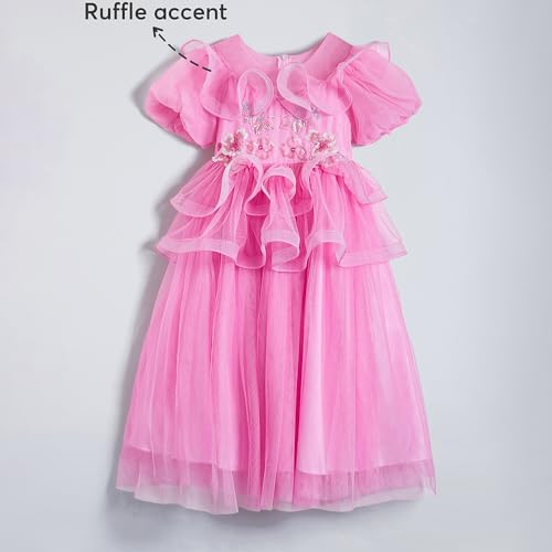 Hopscotch Girls Pink Short Sleeves Floral Applique Ruffled Gown for Age (7-8 Years)