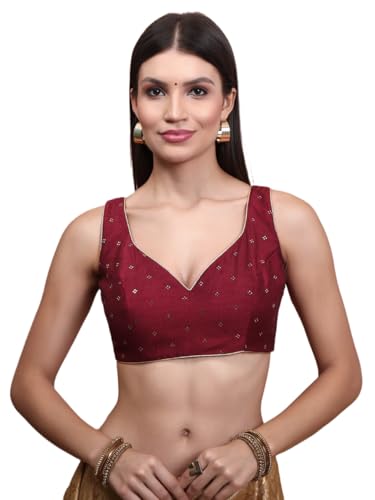 S SALWAR STUDIO Maroon Silk Sleeveless Readymade Padded Blouse