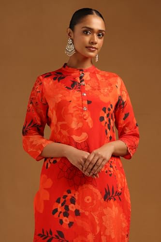 Soch Womens Orange Chinon Floral Kurta